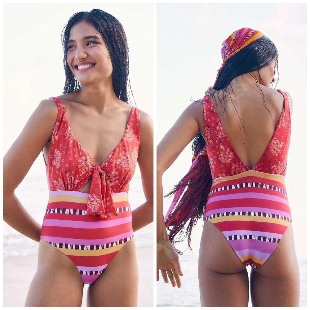 Farm Rio Red Tiki Bananas Lucy Stripe One Piece Swimsuit S M Mix Print Tie Front